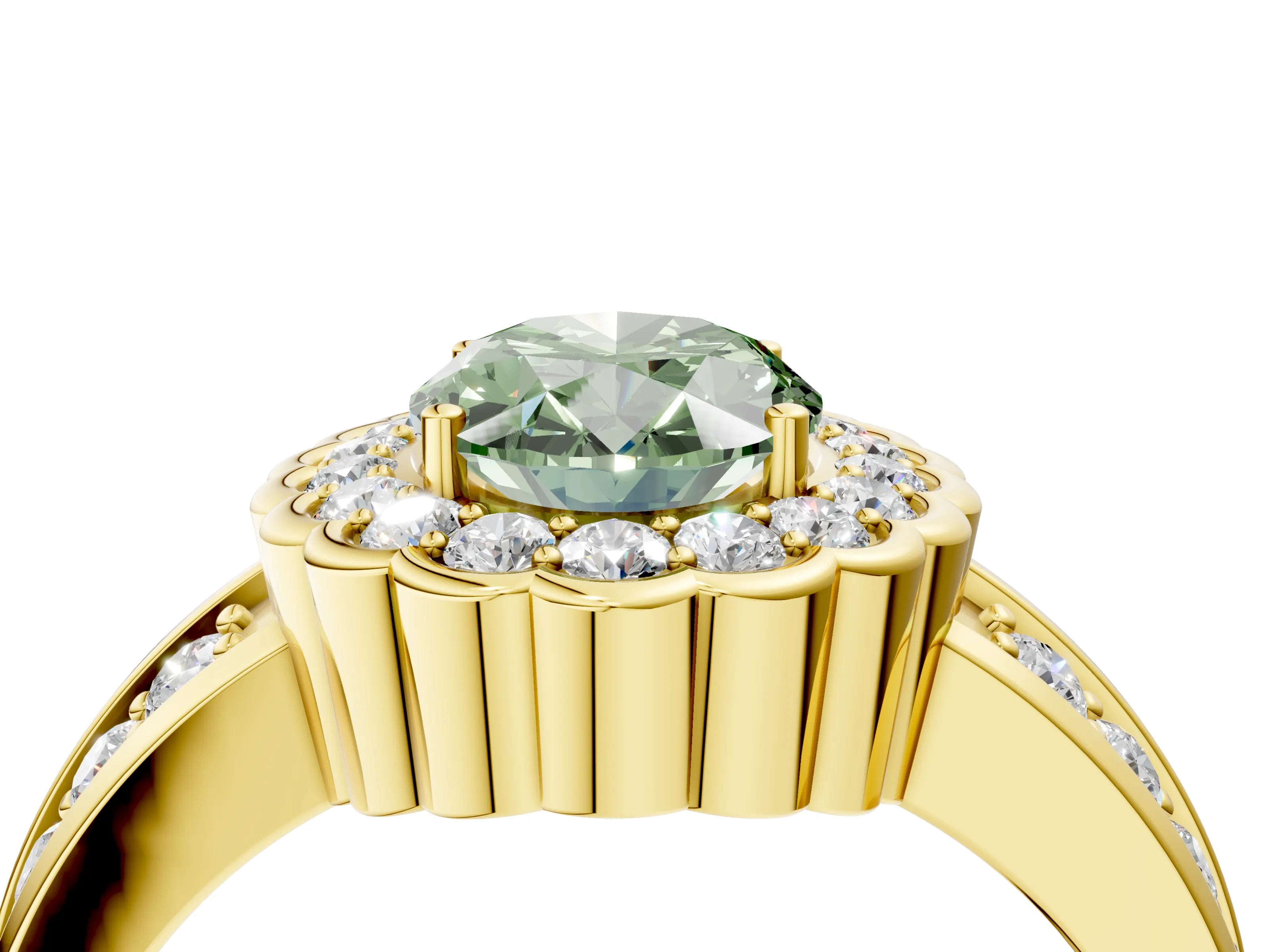 Yellow gold Fancy Green Oval Cut Halo Diamond Split Shank Ring with Scalloped Prong Setting_4