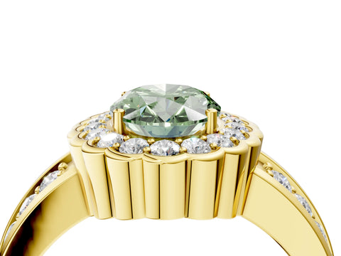 Yellow gold Fancy Green Oval Cut Halo Diamond Split Shank Ring with Scalloped Prong Setting_4