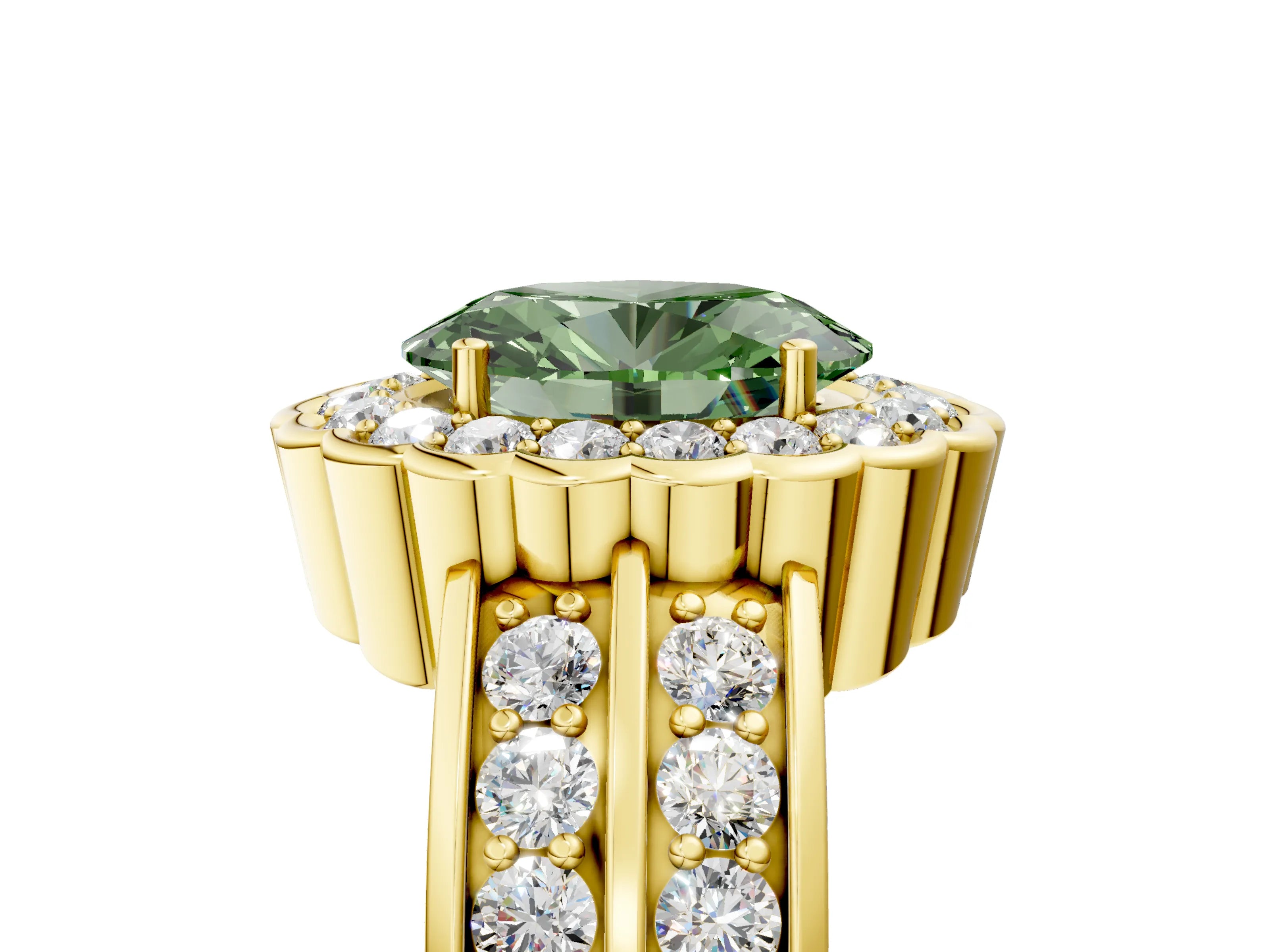 Yellow gold Fancy Green Oval Cut Halo Diamond Split Shank Ring with Scalloped Prong Setting_5