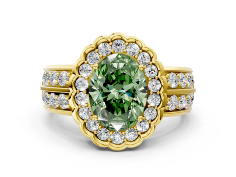 Yellow gold Fancy Green Oval Cut Halo Diamond Split Shank Ring with Scalloped Prong Setting