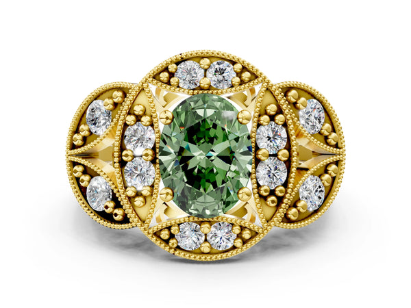 Yellow gold Fancy Green Oval Cut Halo Milgrain Diamond Engagement Ring with Leaf Band and Four-Prong Setting