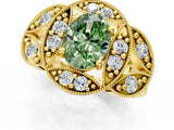 Yellow gold Fancy Green Oval Cut Halo Milgrain Diamond Engagement Ring with Leaf Band and Four-Prong Setting_1