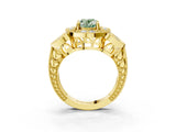 Yellow gold Fancy Green Oval Cut Halo Milgrain Diamond Engagement Ring with Leaf Band and Four-Prong Setting_3