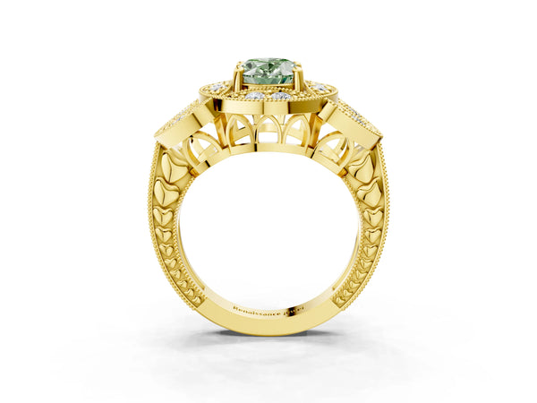 Yellow gold Fancy Green Oval Cut Halo Milgrain Diamond Engagement Ring with Leaf Band and Four-Prong Setting