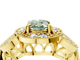 Yellow gold Fancy Green Oval Cut Halo Milgrain Diamond Engagement Ring with Leaf Band and Four-Prong Setting_4