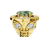 Yellow gold Fancy Green Oval Cut Halo Milgrain Diamond Engagement Ring with Leaf Band and Four-Prong Setting_5