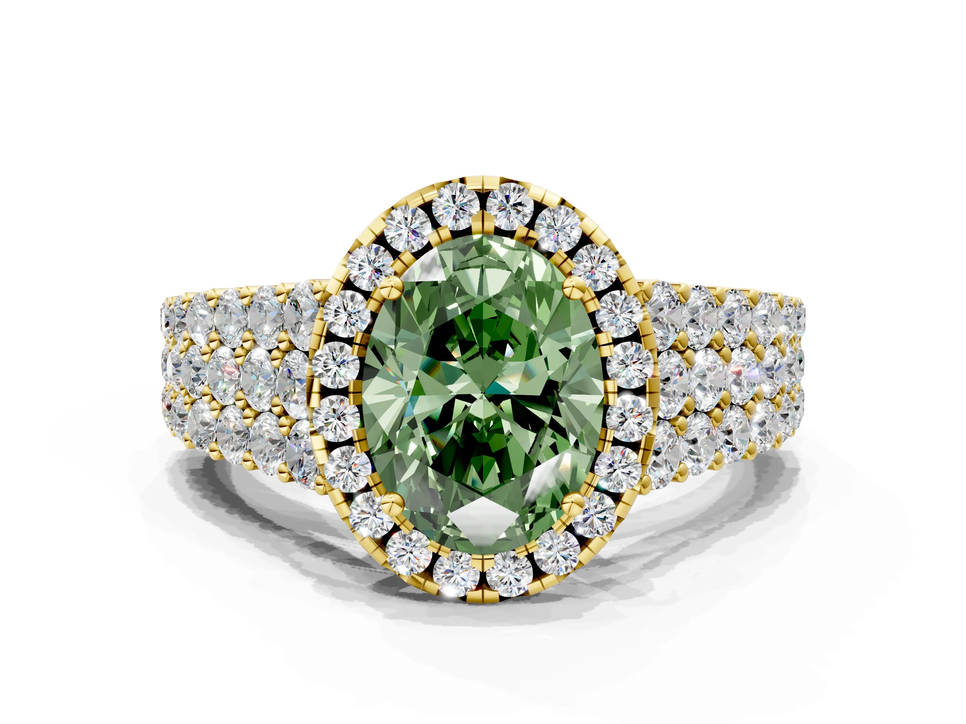 Yellow gold Fancy Green Oval Cut Halo Pavé Diamond Engagement Ring with Split Shank and Four-Prong Setting_3