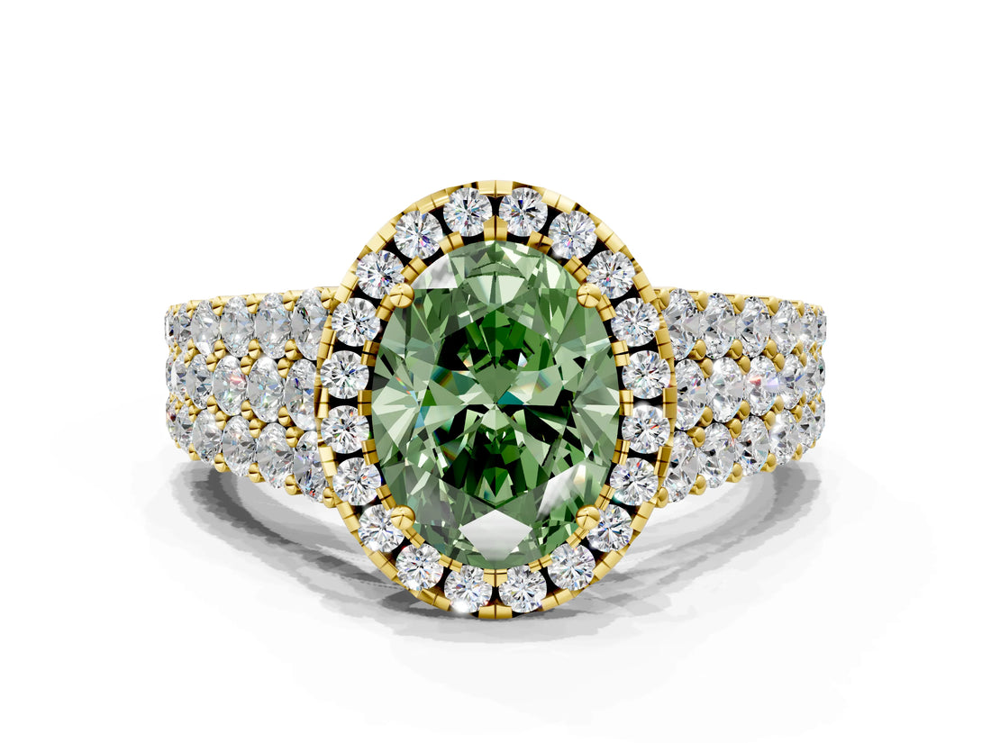 Yellow gold Fancy Green Oval Cut Halo Pavé Diamond Engagement Ring with Split Shank and Four-Prong Setting_3