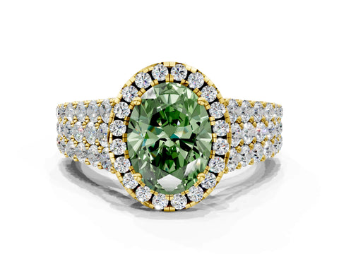 Yellow gold Fancy Green Oval Cut Halo Pavé Diamond Engagement Ring with Split Shank and Four-Prong Setting_3