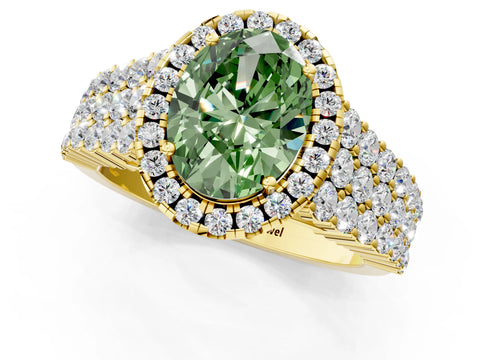 Yellow gold Fancy Green Oval Cut Halo Pavé Diamond Engagement Ring with Split Shank and Four-Prong Setting_4