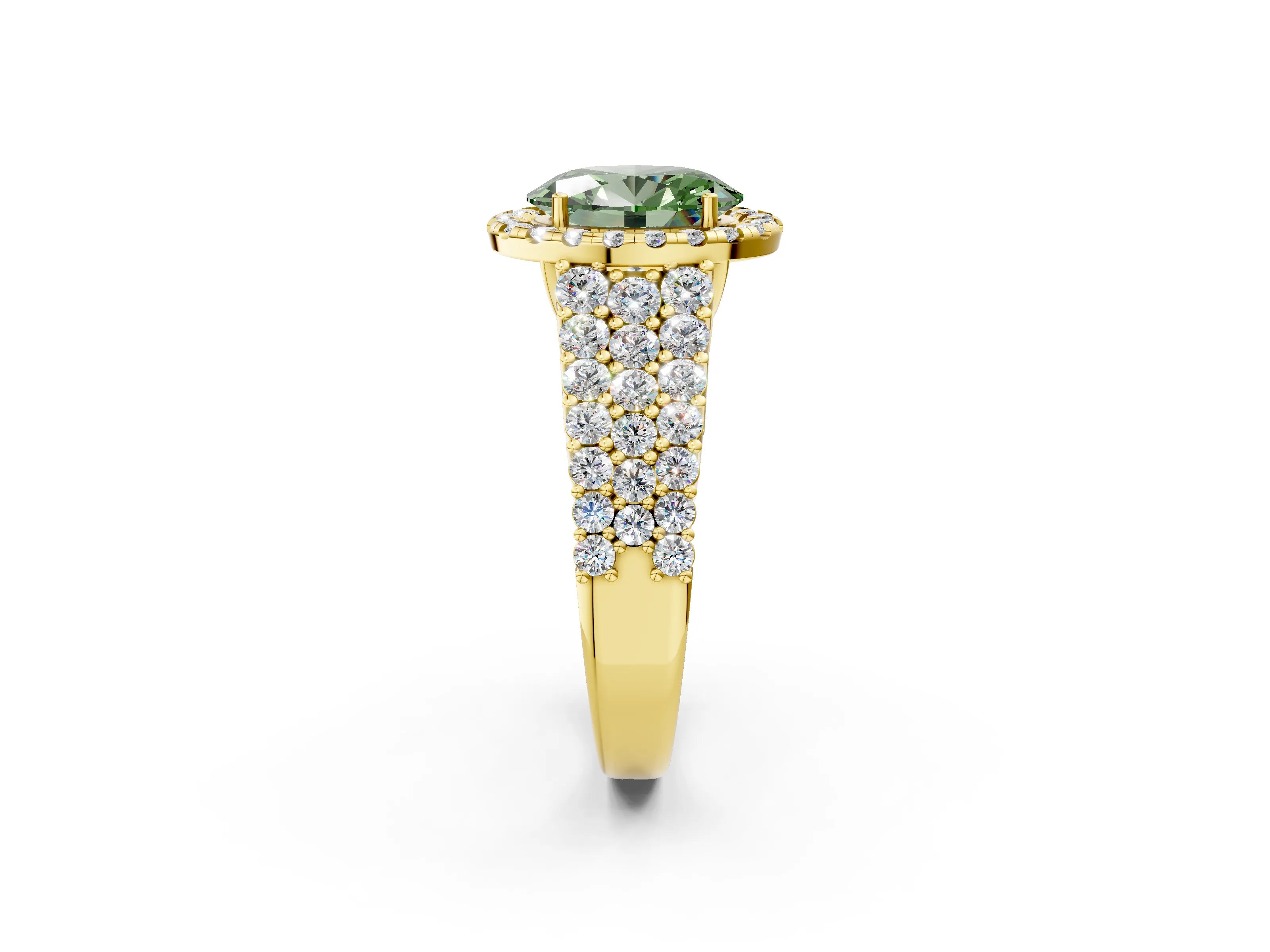 Yellow gold Fancy Green Oval Cut Halo Pavé Diamond Engagement Ring with Split Shank and Four-Prong Setting_5