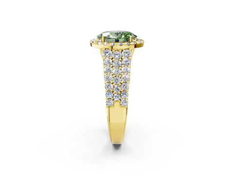 Yellow gold Fancy Green Oval Cut Halo Pavé Diamond Engagement Ring with Split Shank and Four-Prong Setting_5