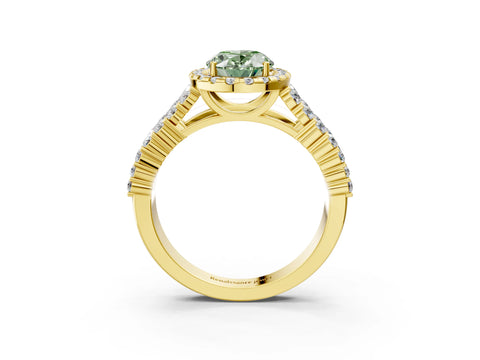 Yellow gold Fancy Green Oval Cut Halo Pavé Diamond Engagement Ring with Split Shank and Four-Prong Setting_6