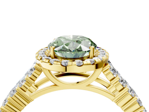 Yellow gold Fancy Green Oval Cut Halo Pavé Diamond Engagement Ring with Split Shank and Four-Prong Setting_7