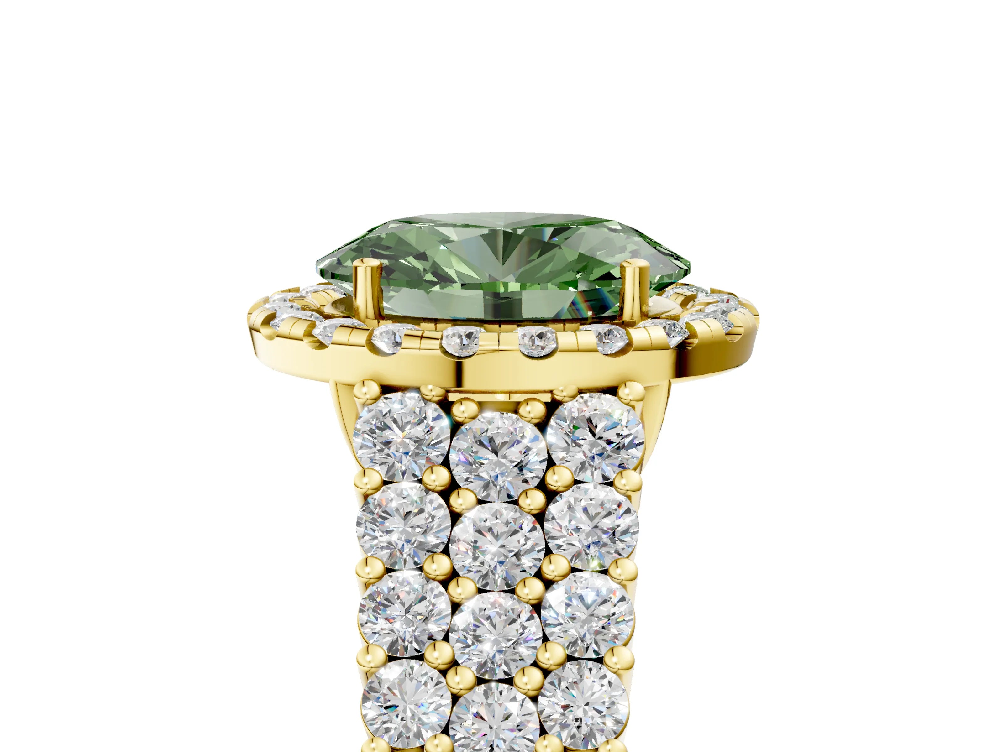 Yellow gold Fancy Green Oval Cut Halo Pavé Diamond Engagement Ring with Split Shank and Four-Prong Setting_8