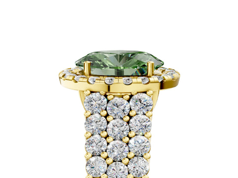 Yellow gold Fancy Green Oval Cut Halo Pavé Diamond Engagement Ring with Split Shank and Four-Prong Setting_8