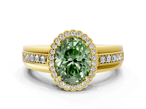 Yellow gold Fancy Green Oval  Cut Halo Pave Band Four-Prong Ring