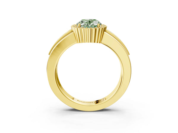 Yellow gold Fancy Green Oval  Cut Halo Pave Band Four-Prong Ring