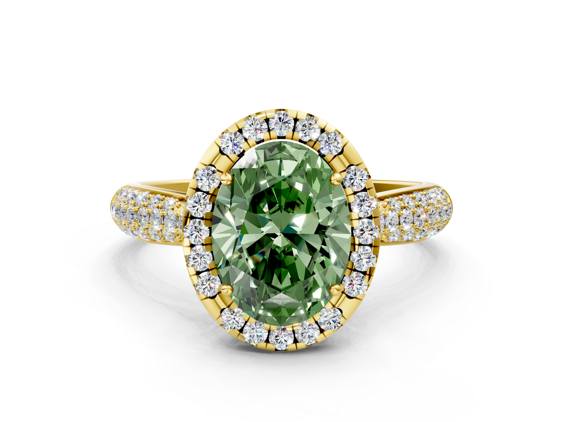 Yellow gold Fancy Green Oval  Cut Halo Pave Band Four-Prong Setting Ring_37
