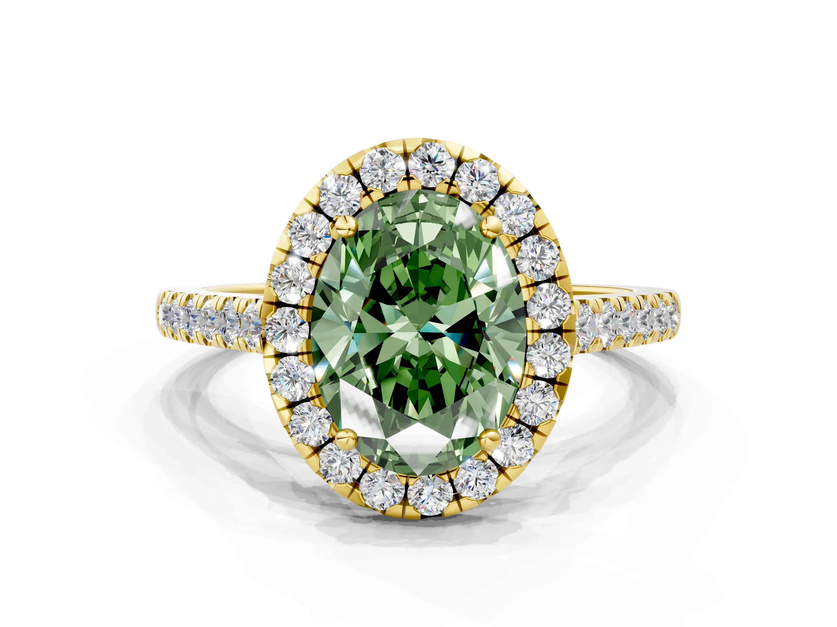 Yellow gold Fancy Green Oval Cut Halo Pave Diamond Engagement Ring with Four-Prong Setting