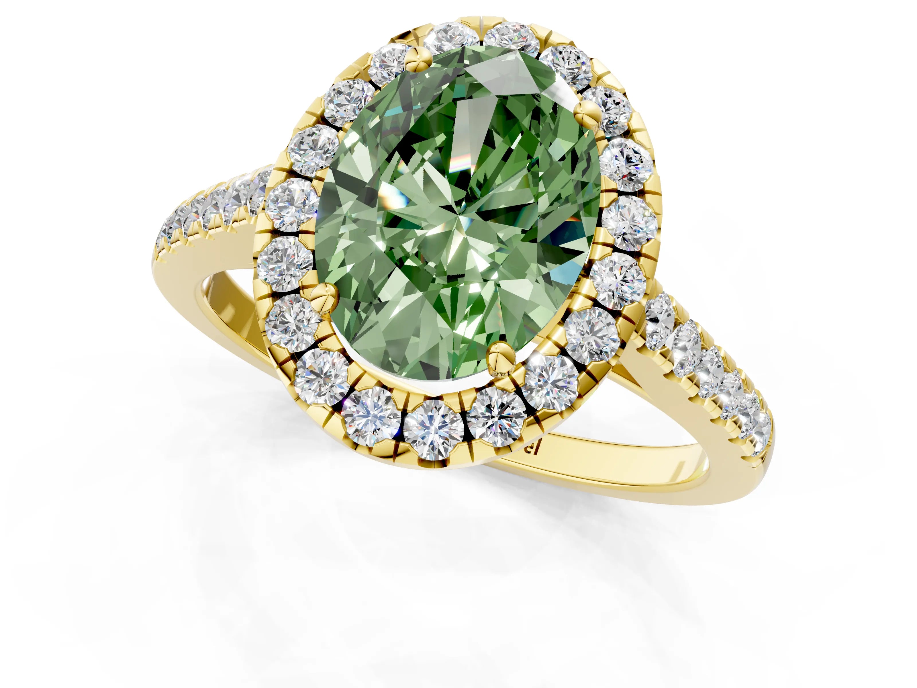 Yellow gold Fancy Green Oval Cut Halo Pave Diamond Engagement Ring with Four-Prong Setting_1