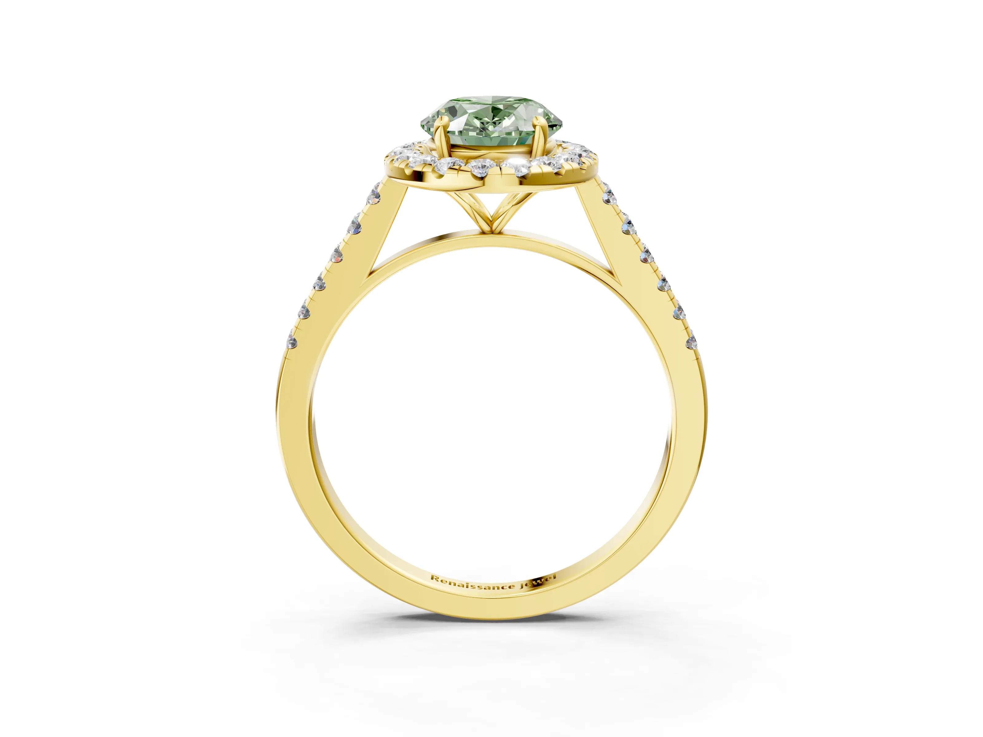 Yellow gold Fancy Green Oval Cut Halo Pave Diamond Engagement Ring with Four-Prong Setting_3