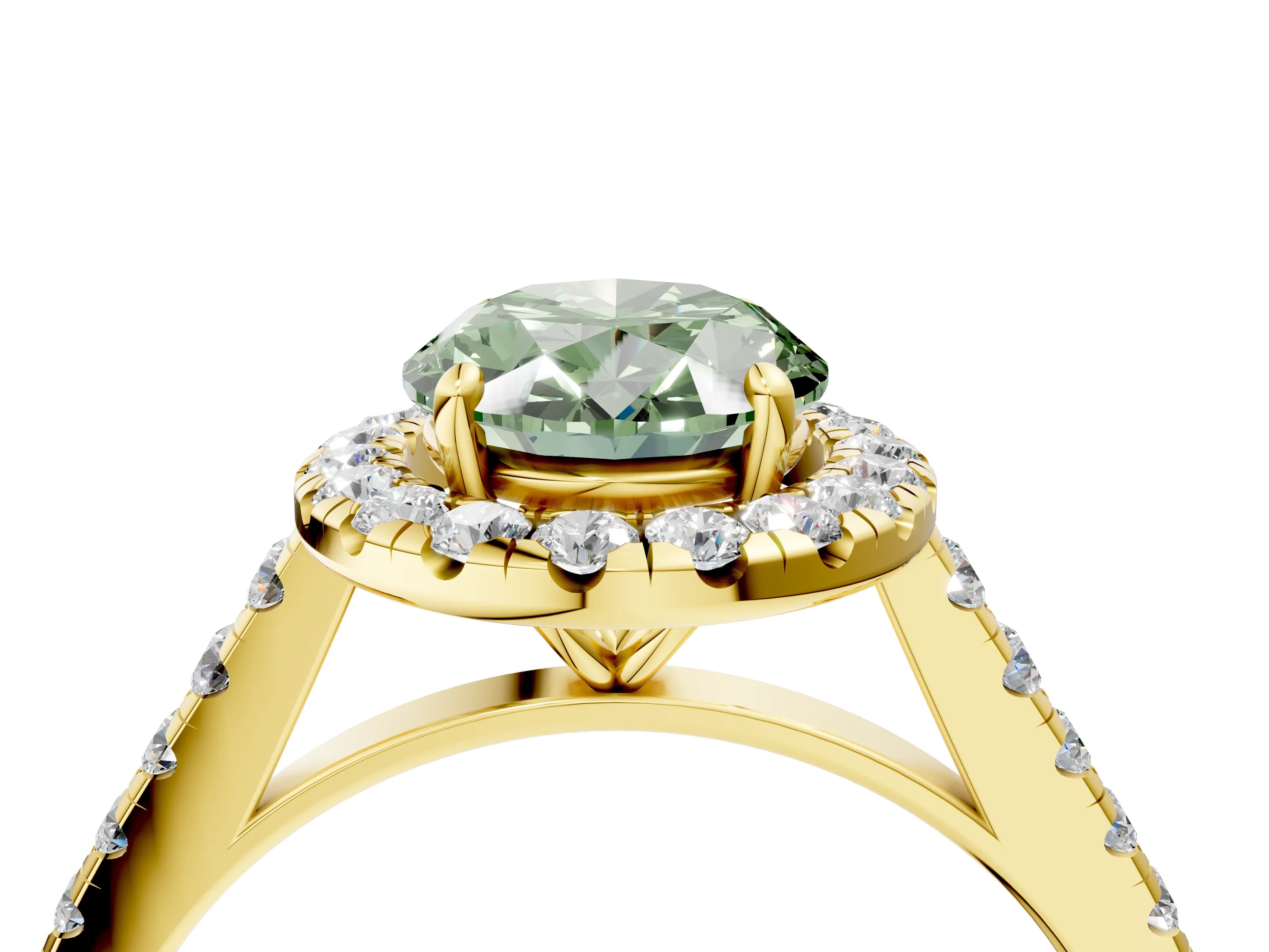 Yellow gold Fancy Green Oval Cut Halo Pave Diamond Engagement Ring with Four-Prong Setting_4