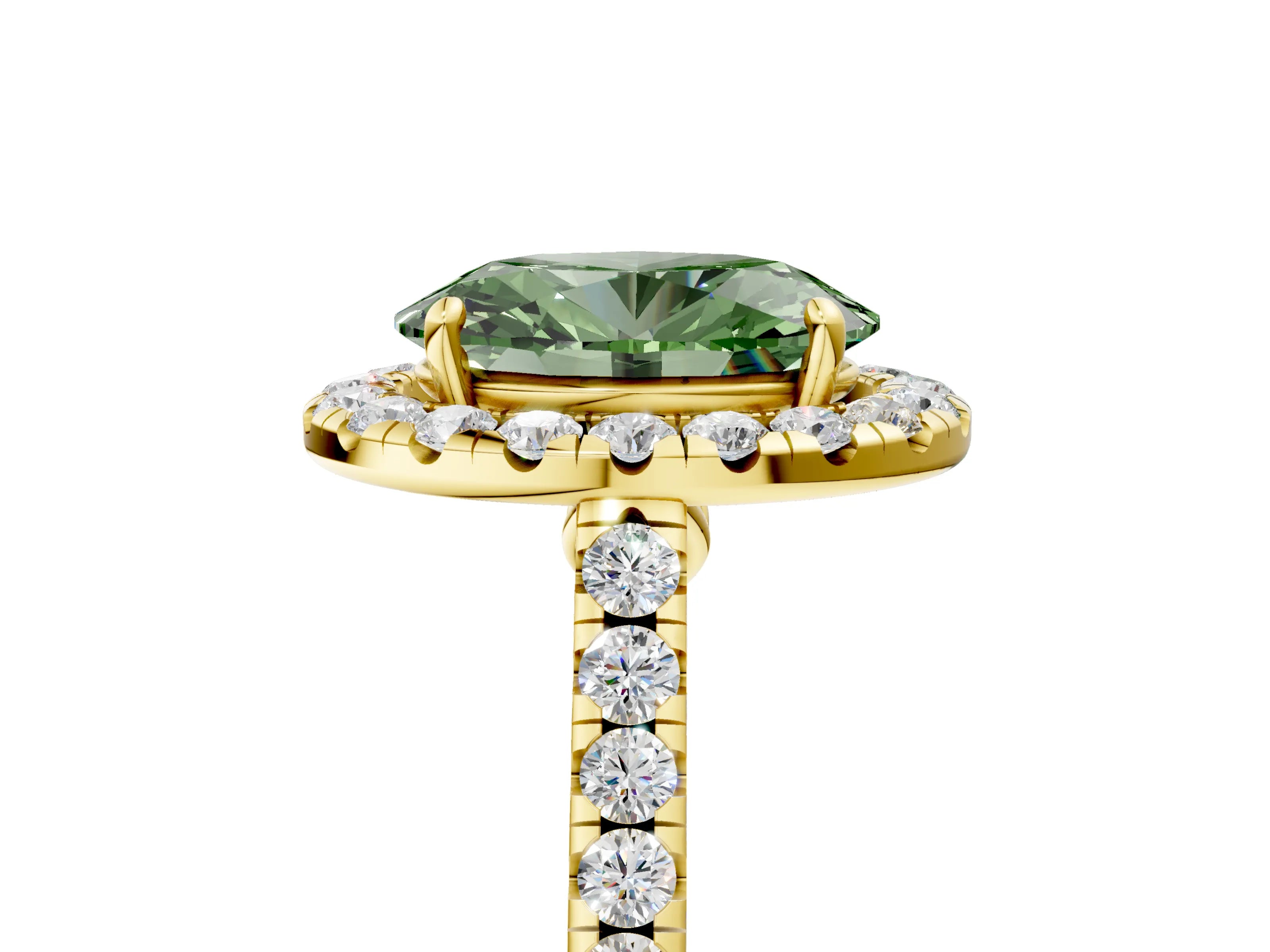 Yellow gold Fancy Green Oval Cut Halo Pave Diamond Engagement Ring with Four-Prong Setting_5