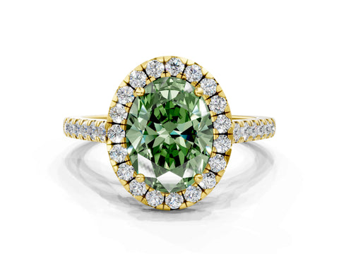 Yellow gold Fancy Green Oval Cut Halo Pave Diamond Engagement Ring with Four-Prong Setting