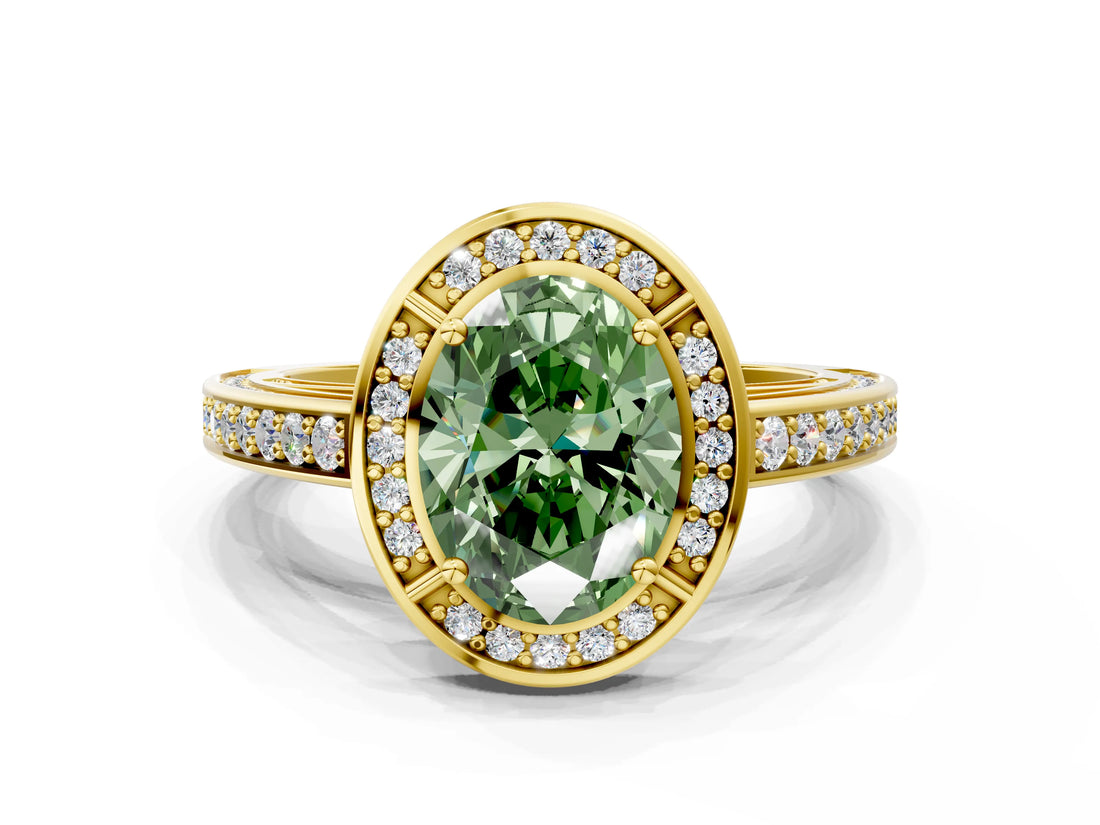 Yellow gold Fancy Green Oval  Cut Halo Pave Split Shank Prong Setting Ring_31