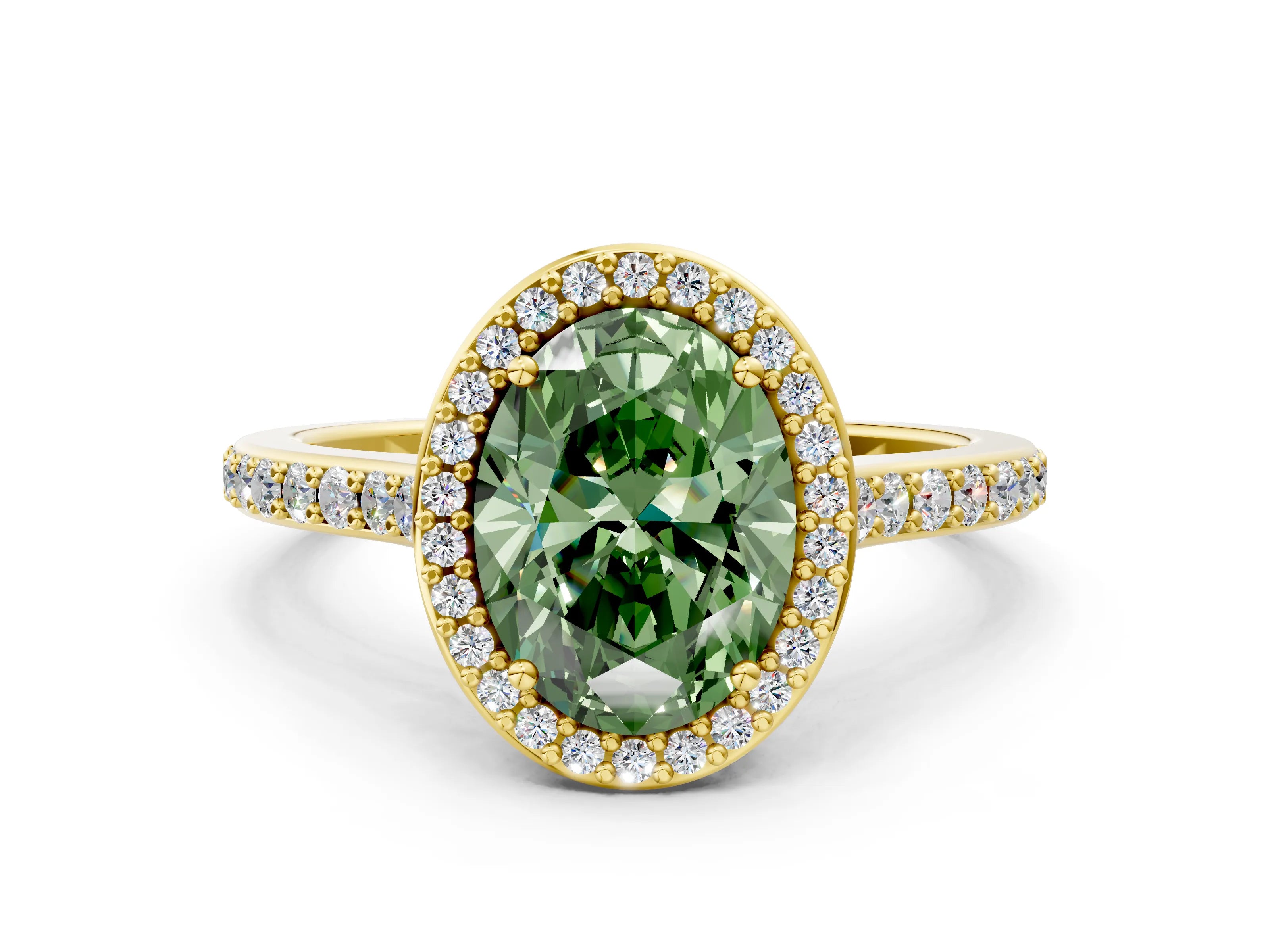Yellow gold Fancy Green Oval Cut Halo Round Diamond Pavé Band with Four-Prong Setting_3