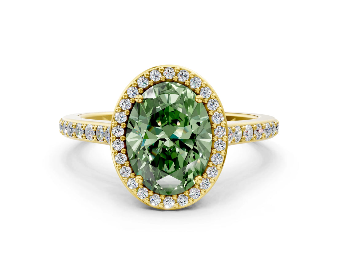Yellow gold Fancy Green Oval Cut Halo Round Diamond Pavé Band with Four-Prong Setting_3