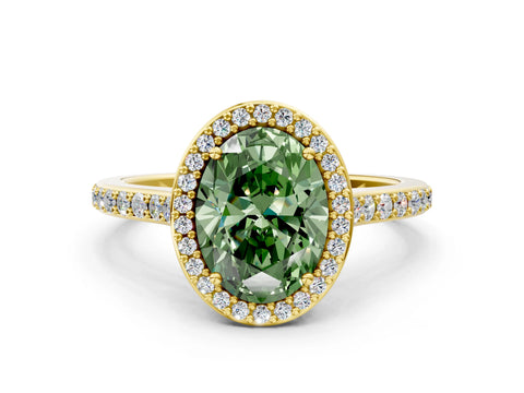 Yellow gold Fancy Green Oval Cut Halo Round Diamond Pavé Band with Four-Prong Setting_3