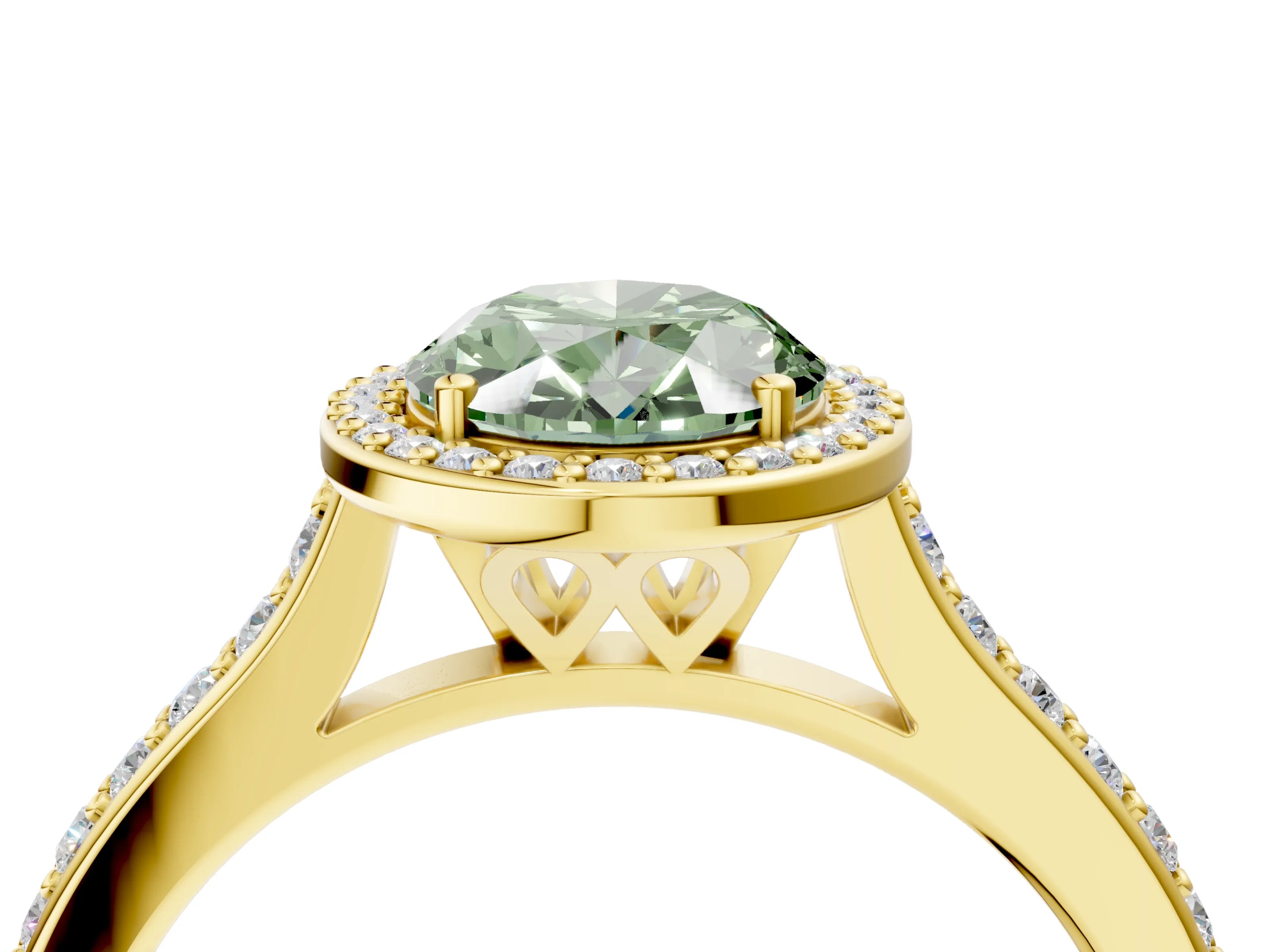 Yellow gold Fancy Green Oval Cut Halo Round Diamond Pavé Band with Four-Prong Setting_7