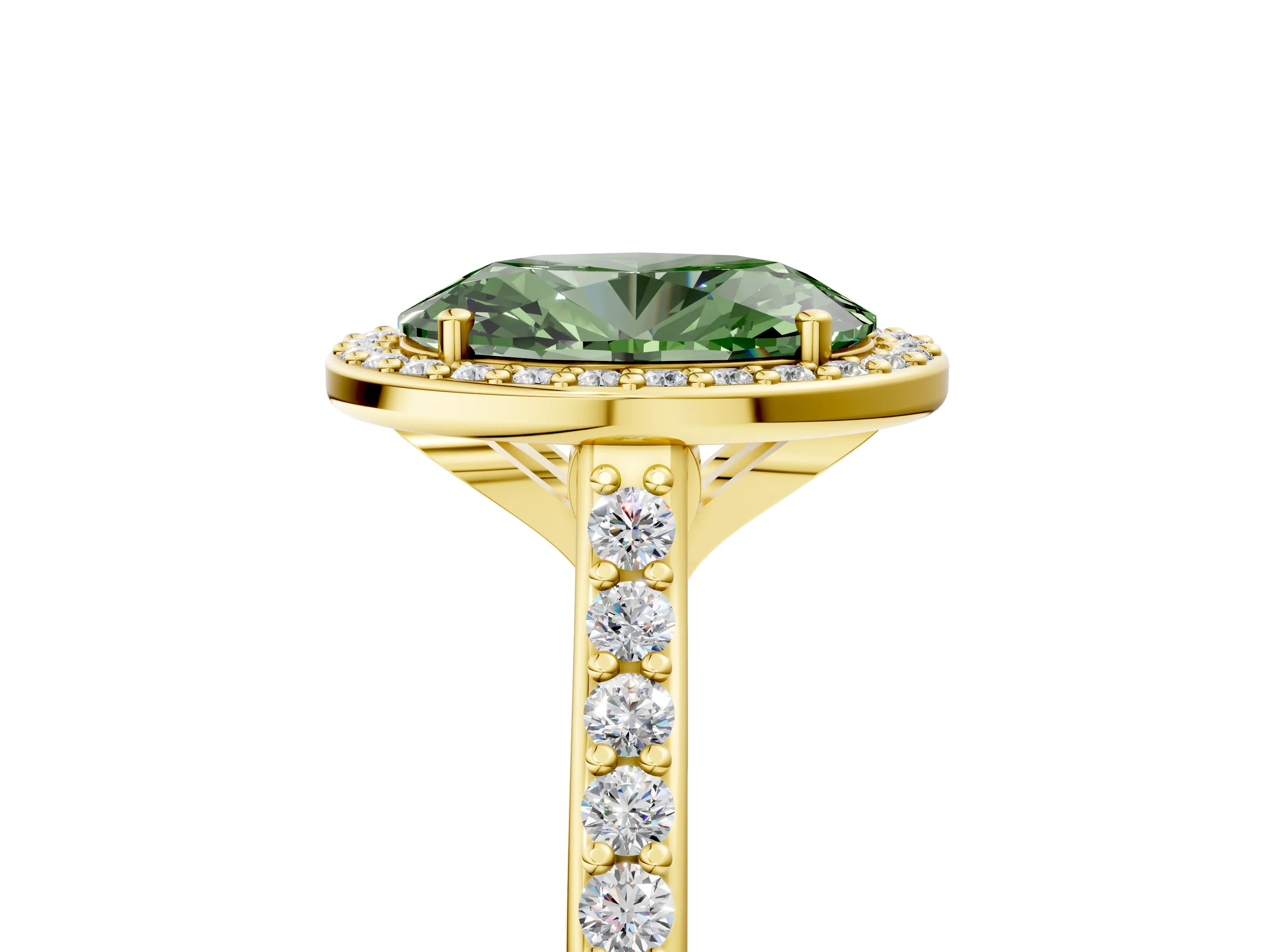 Yellow gold Fancy Green Oval Cut Halo Round Diamond Pavé Band with Four-Prong Setting_8