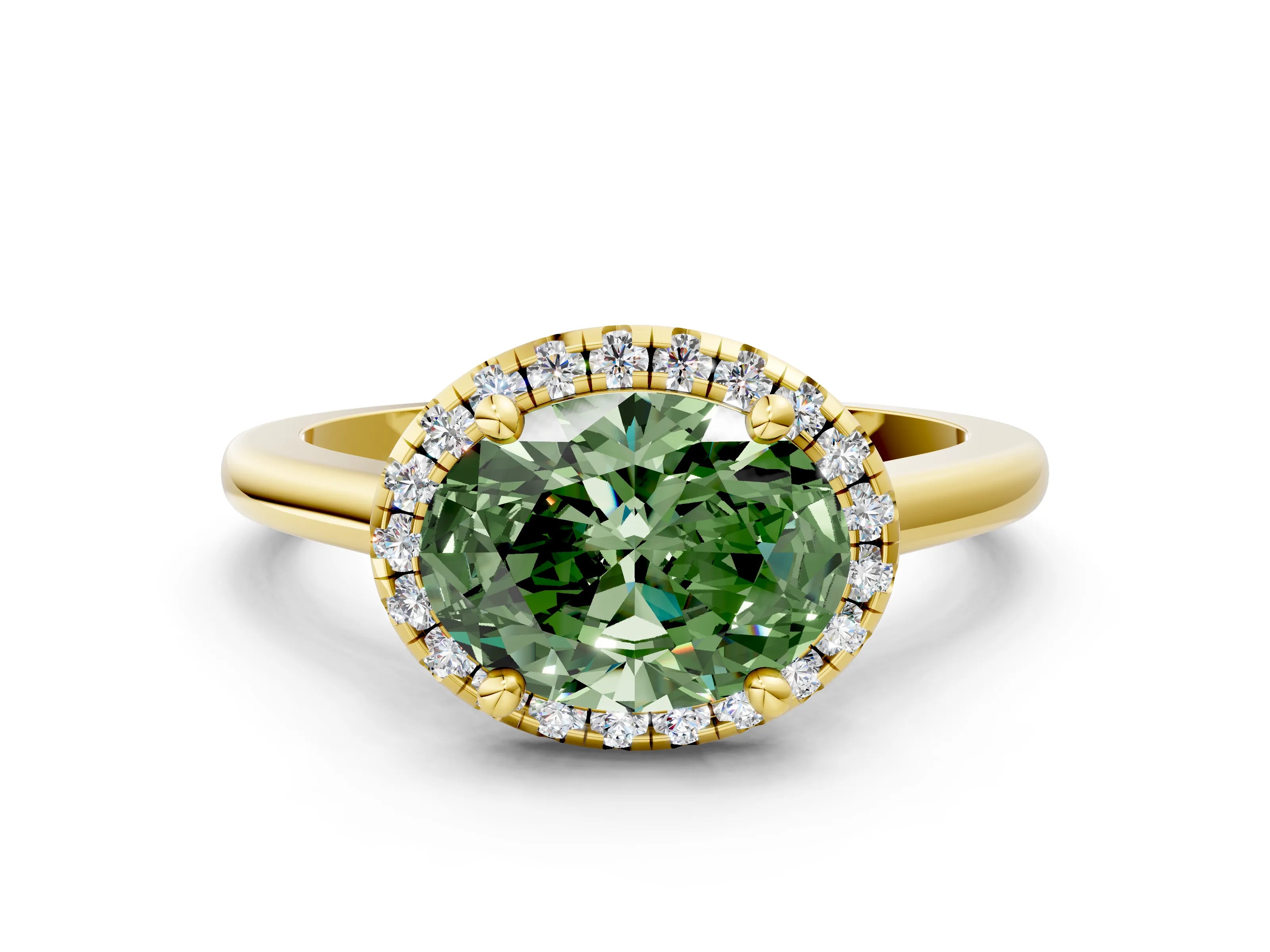 Yellow gold Fancy Green Oval Cut Halo Round Diamond Solitaire Engagement Ring with Pave Band and Four-Prong Setting_12