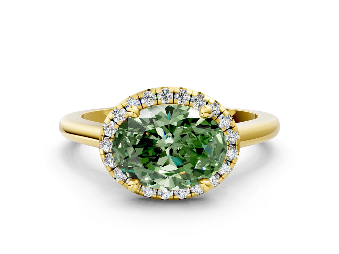 Yellow gold Fancy Green Oval Cut Halo Round Diamond Solitaire Engagement Ring with Pave Band and Four-Prong Setting_12