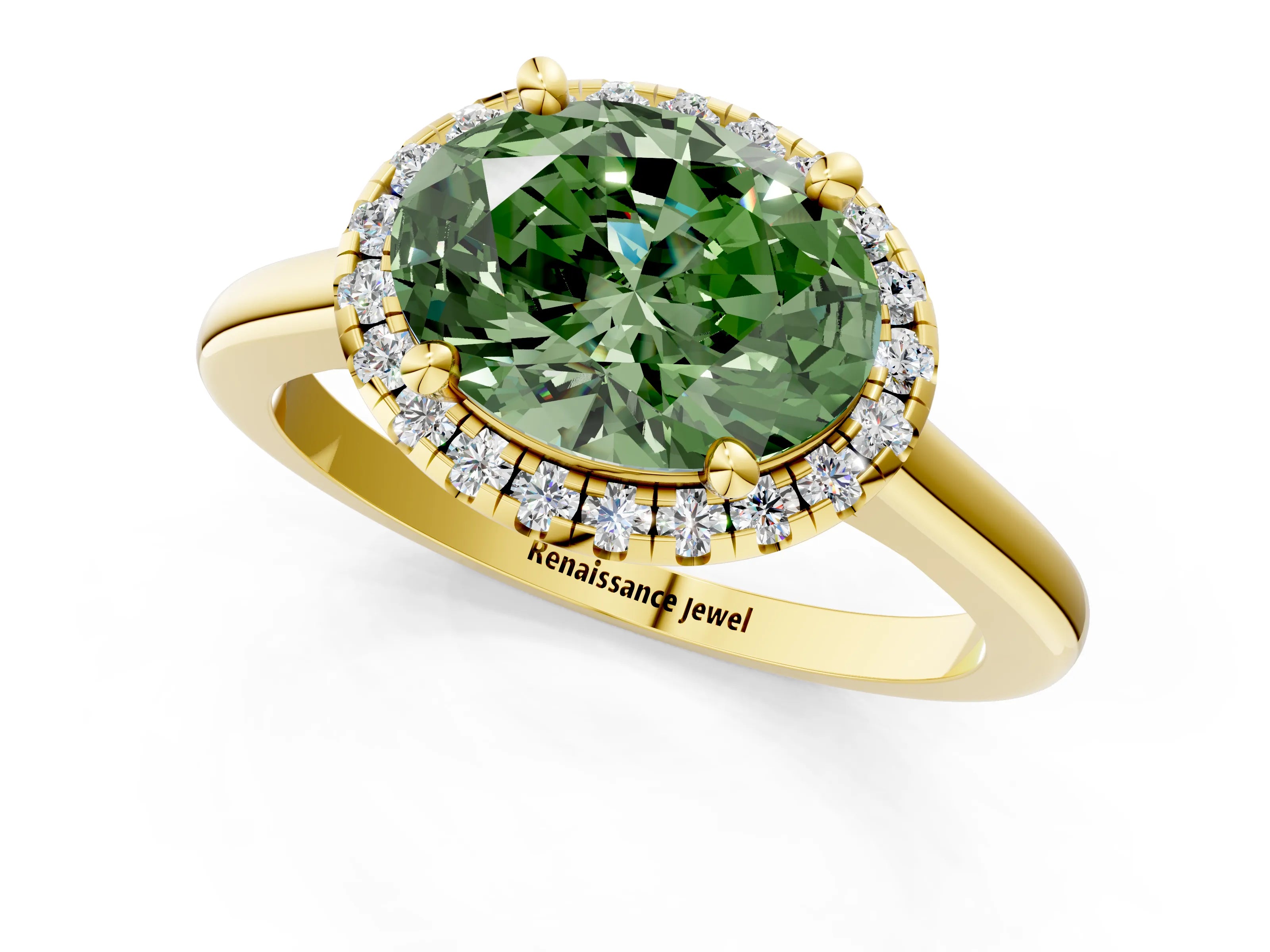 Yellow gold Fancy Green Oval Cut Halo Round Diamond Solitaire Engagement Ring with Pave Band and Four-Prong Setting_13