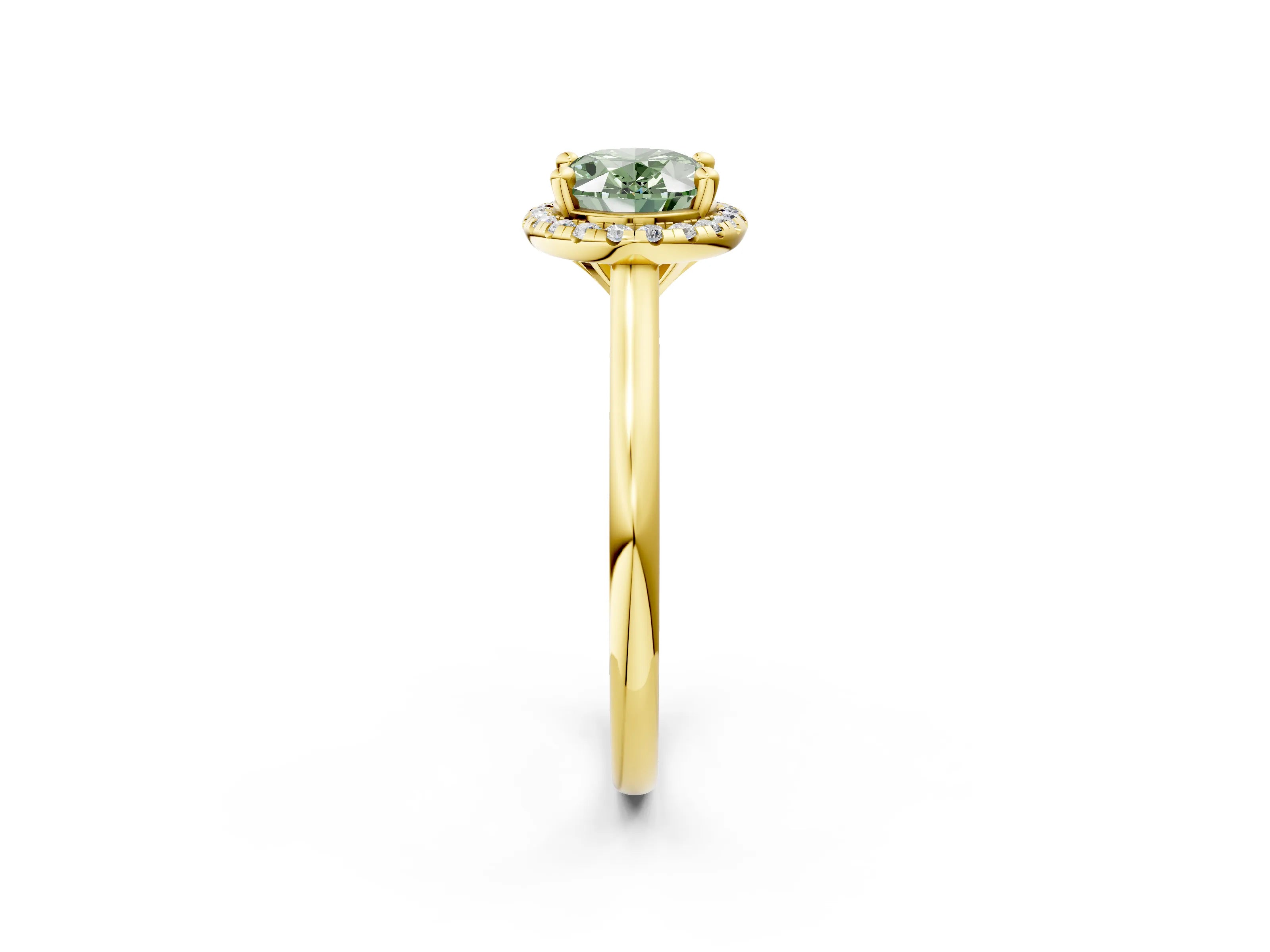 Yellow gold Fancy Green Oval Cut Halo Round Diamond Solitaire Engagement Ring with Pave Band and Four-Prong Setting_14