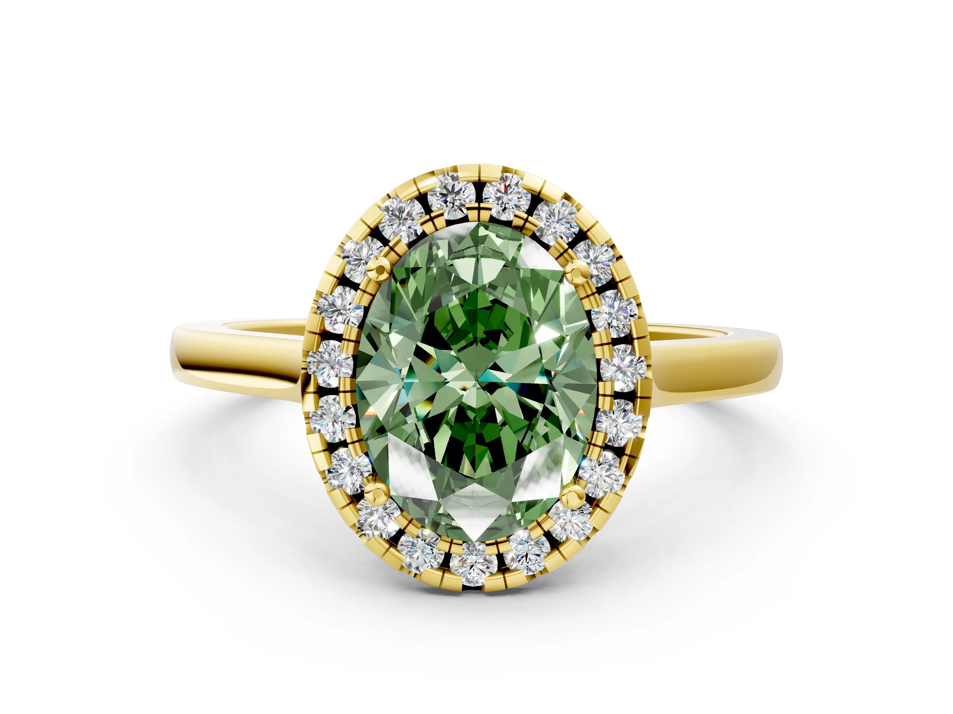 Yellow gold Fancy Green Oval Cut Halo Round Diamond Solitaire Ring with Pavé Band and Four-Prong Setting