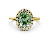 Yellow gold Fancy Green Oval Cut Halo Round Diamond Solitaire Ring with Pavé Band and Four-Prong Setting