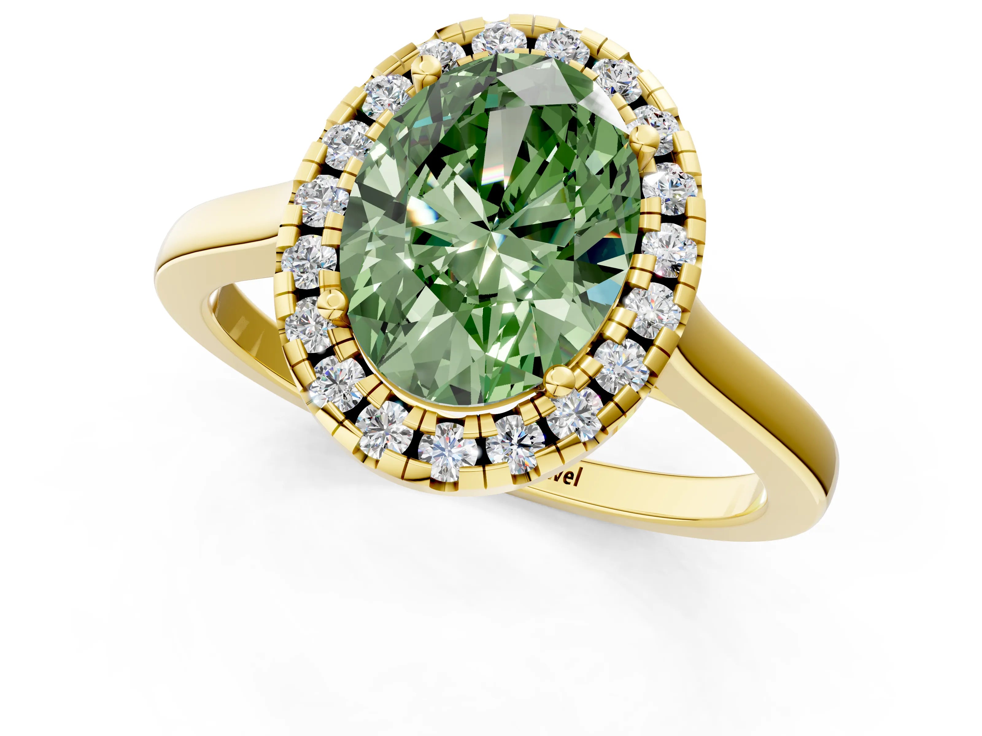 Yellow gold Fancy Green Oval Cut Halo Round Diamond Solitaire Ring with Pavé Band and Four-Prong Setting_1