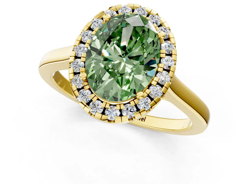Yellow gold Fancy Green Oval Cut Halo Round Diamond Solitaire Ring with Pavé Band and Four-Prong Setting_1