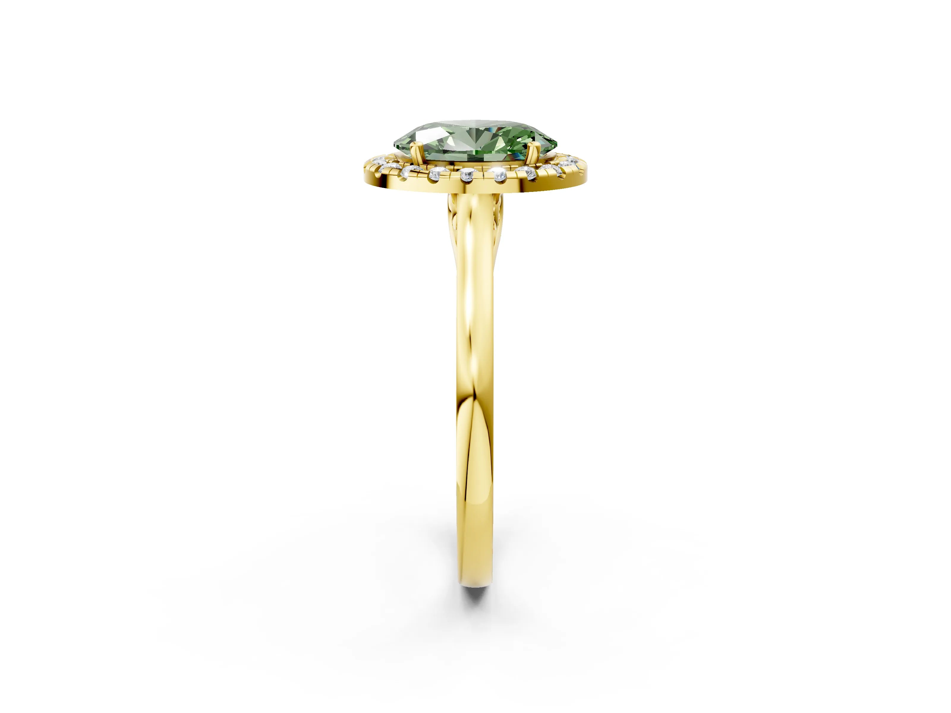 Yellow gold Fancy Green Oval Cut Halo Round Diamond Solitaire Ring with Pavé Band and Four-Prong Setting_2