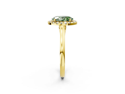 Yellow gold Fancy Green Oval Cut Halo Round Diamond Solitaire Ring with Pavé Band and Four-Prong Setting_2