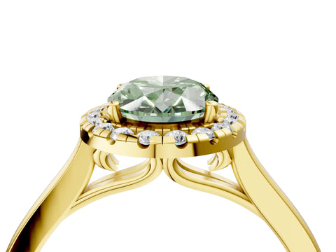 Yellow gold Fancy Green Oval Cut Halo Round Diamond Solitaire Ring with Pavé Band and Four-Prong Setting_4