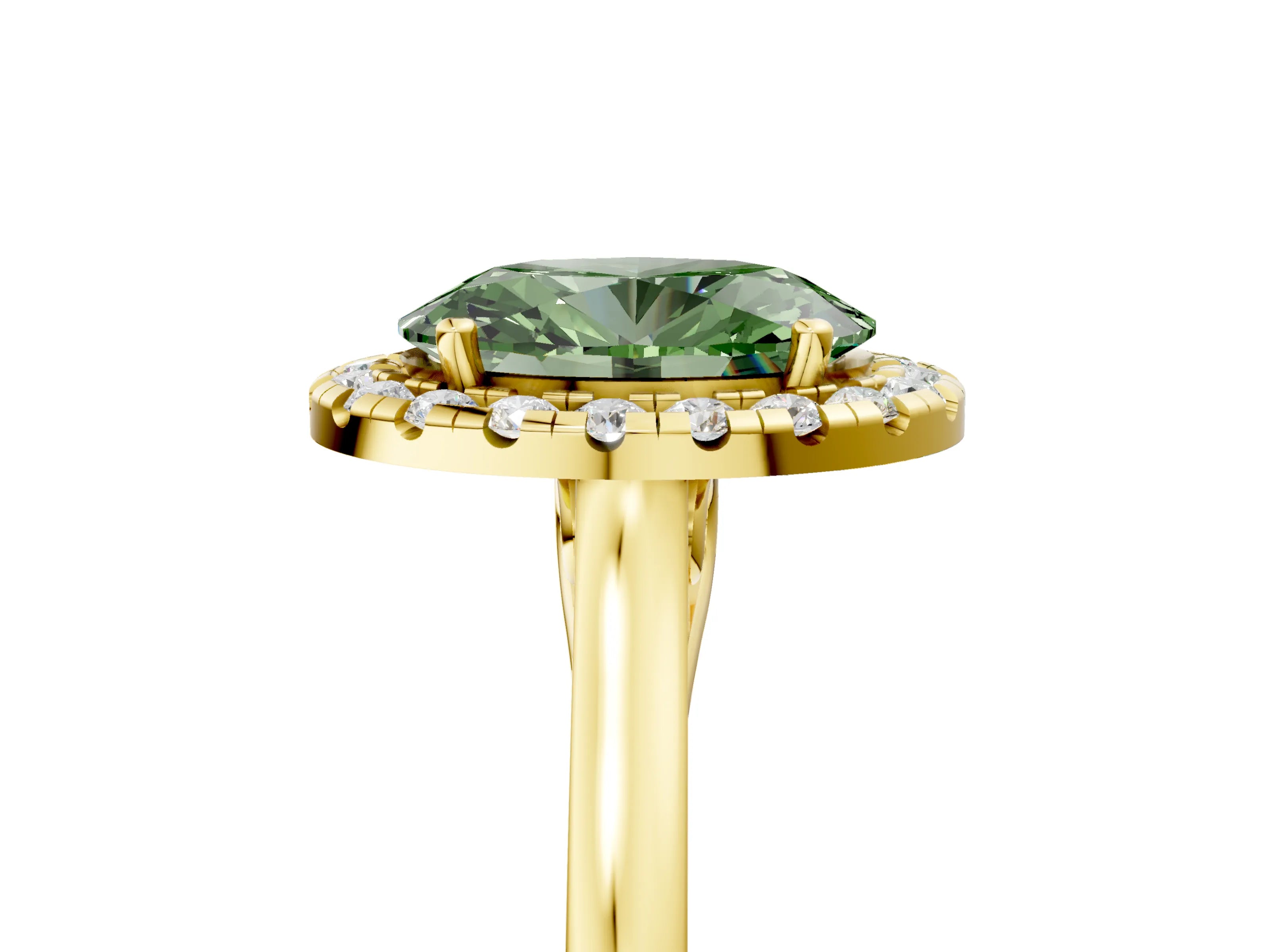 Yellow gold Fancy Green Oval Cut Halo Round Diamond Solitaire Ring with Pavé Band and Four-Prong Setting_5