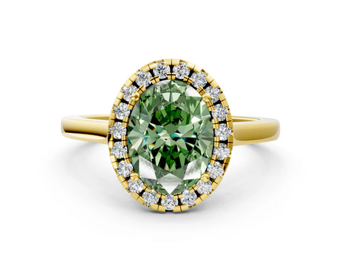 Yellow gold Fancy Green Oval Cut Halo Round Diamond Solitaire Ring with Pavé Band and Four-Prong Setting