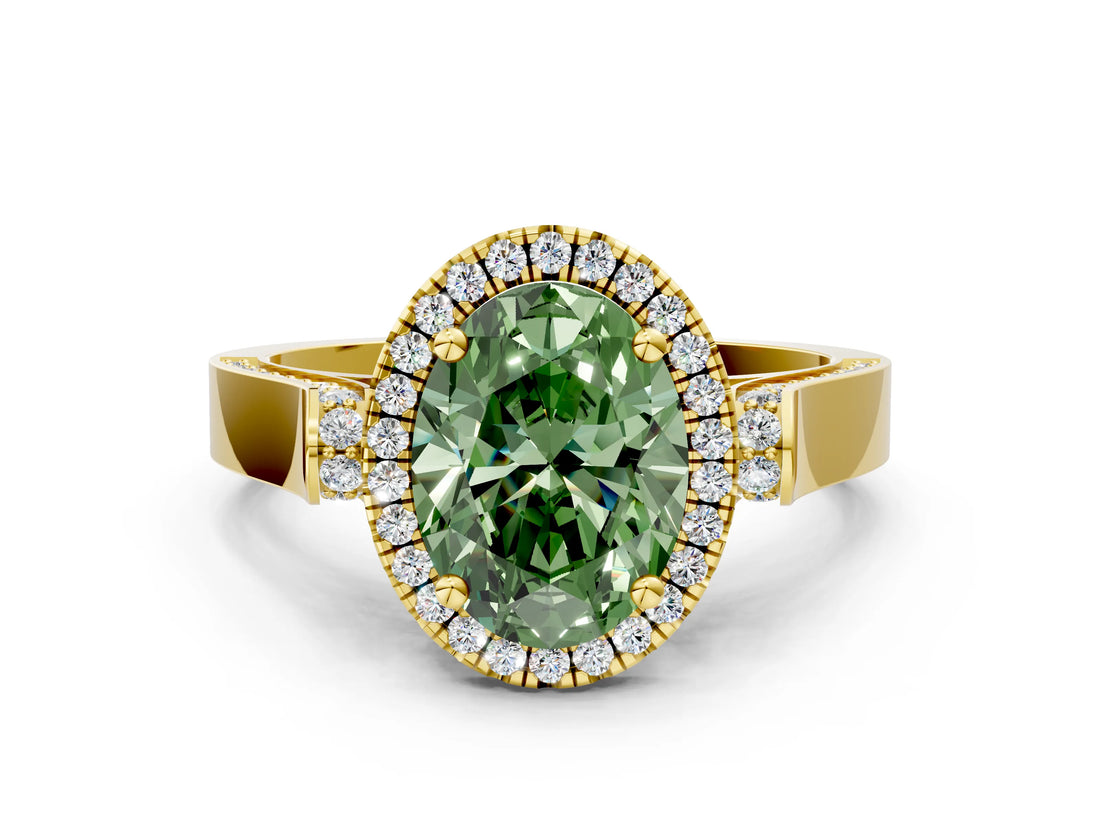 Yellow gold Fancy Green Oval Cut Halo Round Diamond Twist Band with Four-Prong Setting