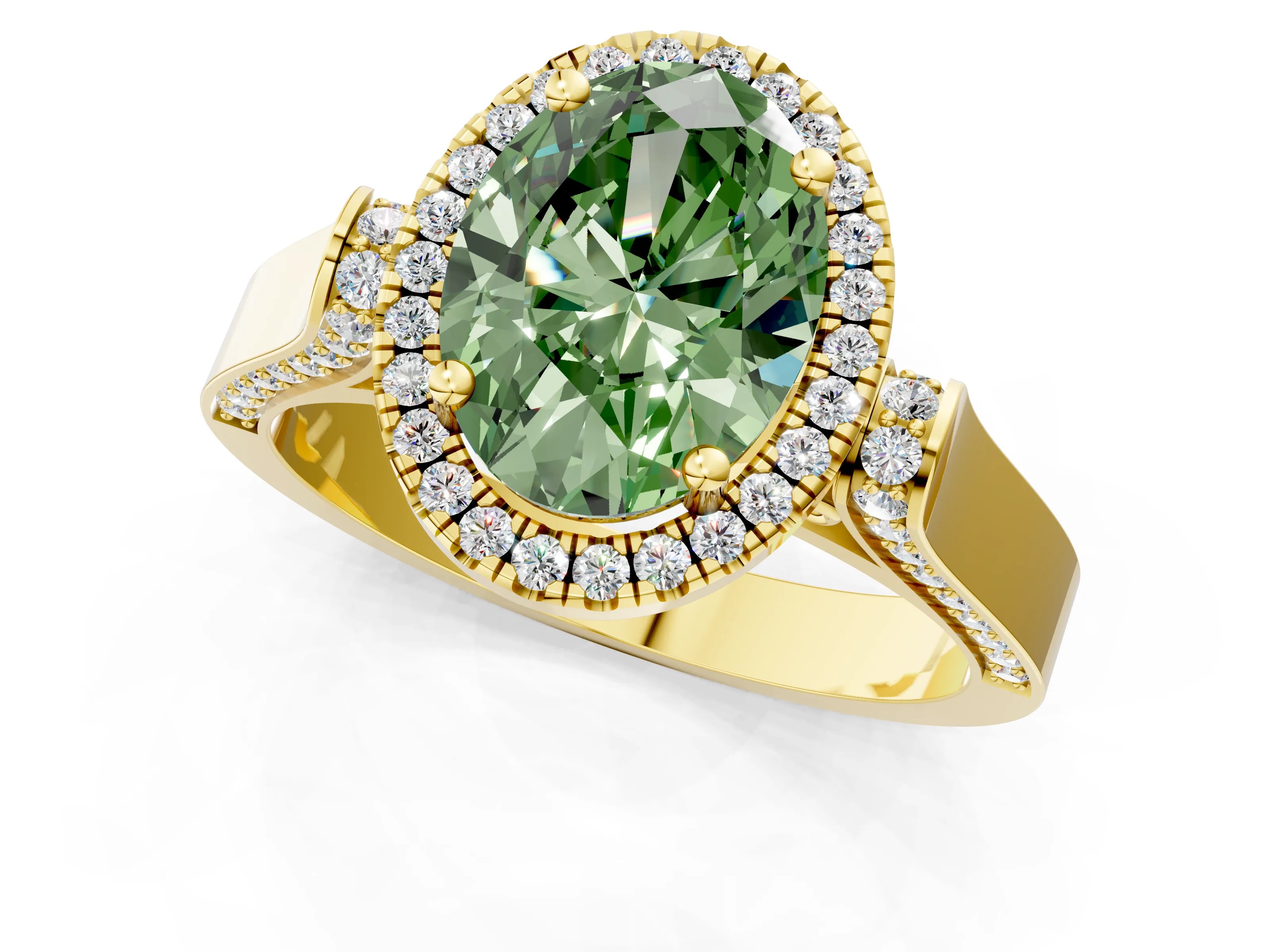 Yellow gold Fancy Green Oval Cut Halo Round Diamond Twist Band with Four-Prong Setting_1